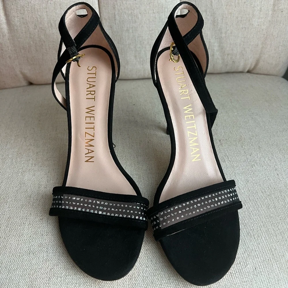 Stuart Weitzman Black Suede Ankle Strap Heels Size 4 Rhinestone Mesh Detail Rare